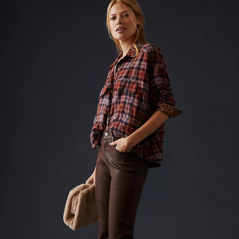NEW Anthropologie Cropped Plaid Shirt Medium